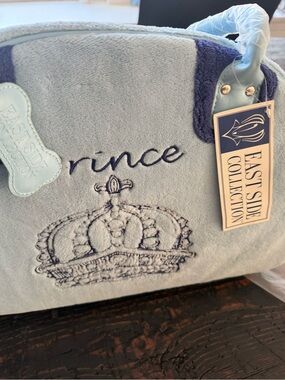 Prince Plush Light Blue Pet Carrier with Crown Embroidery